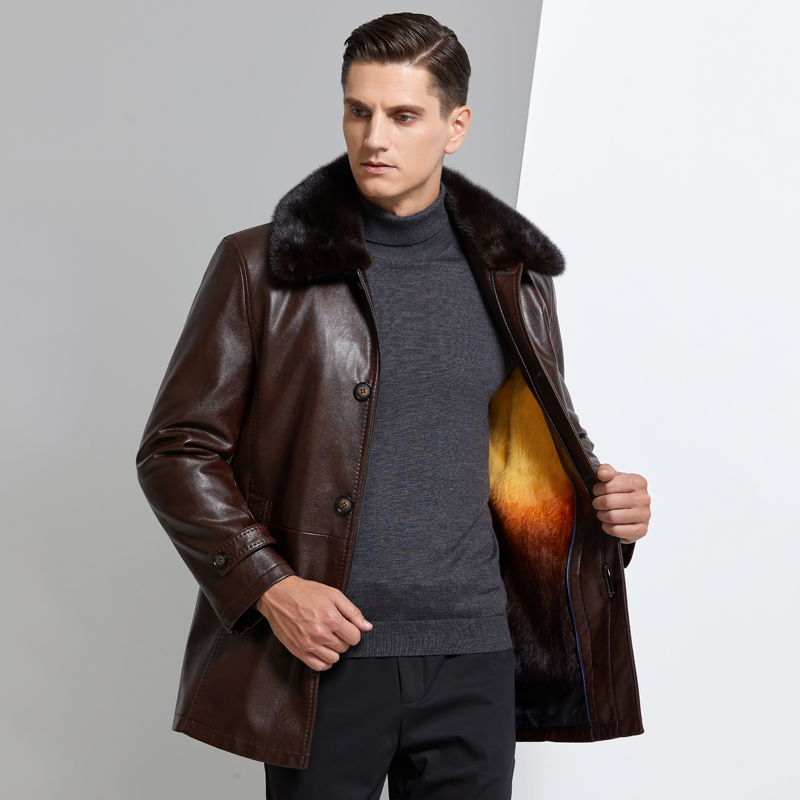 [送礼皮草可拆卸内胆]高端皮草春秋外套海宁真皮派克服男装春秋装中老年防寒男中长款狐狸大毛领貂绒内胆中年爸爸装尼克服大衣男高清大图