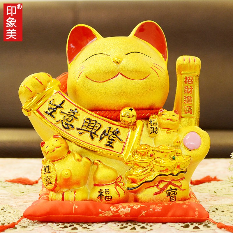 金色电动摇手猫摆件开业自动招手发财猫收银台店铺礼品 三维工匠 大号生意兴隆(金猫)-木垫猫高清大图