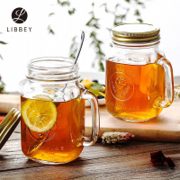 Libbey利比田园多用把杯(印花,带盖)488ml 进口玻璃杯公鸡杯果汁杯梅森杯透明不保温水杯子带盖