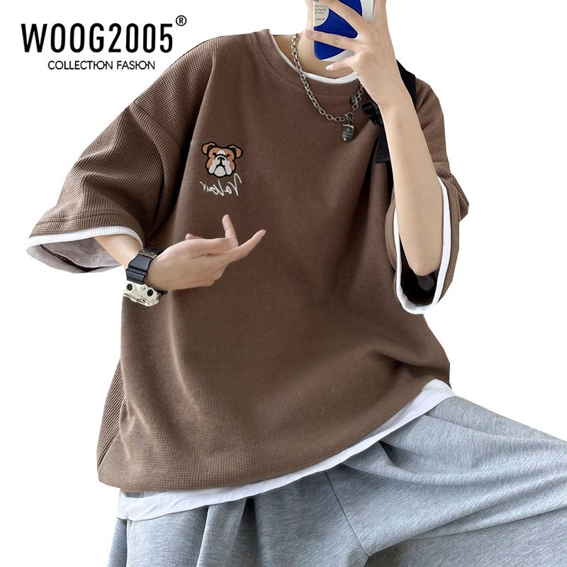 WOOG2005假两件华夫格t恤oversize无性别刺绣重磅vtg短袖男体恤夏