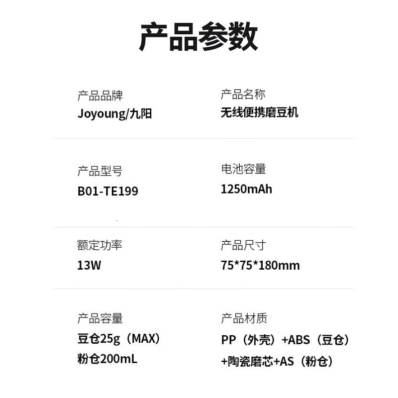 九阳(Joyoung)咖啡磨豆机电动家用咖啡豆研磨机小型便携全自动研磨器磨粉机 电动磨豆机B01-TE199(黑)高清大图