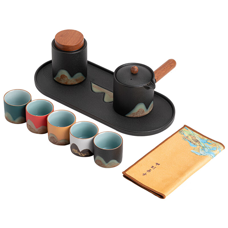 苏氏陶瓷/SUSHI CERAMICS J0923 手绘釉画彩千里江侧把壶干泡盘五色杯 (单位:盒)