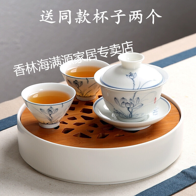 2018年新款景德镇手绘陶瓷盖碗青花瓷手抓泡茶碗三才碗杯功夫敬茶碗茶杯茶具