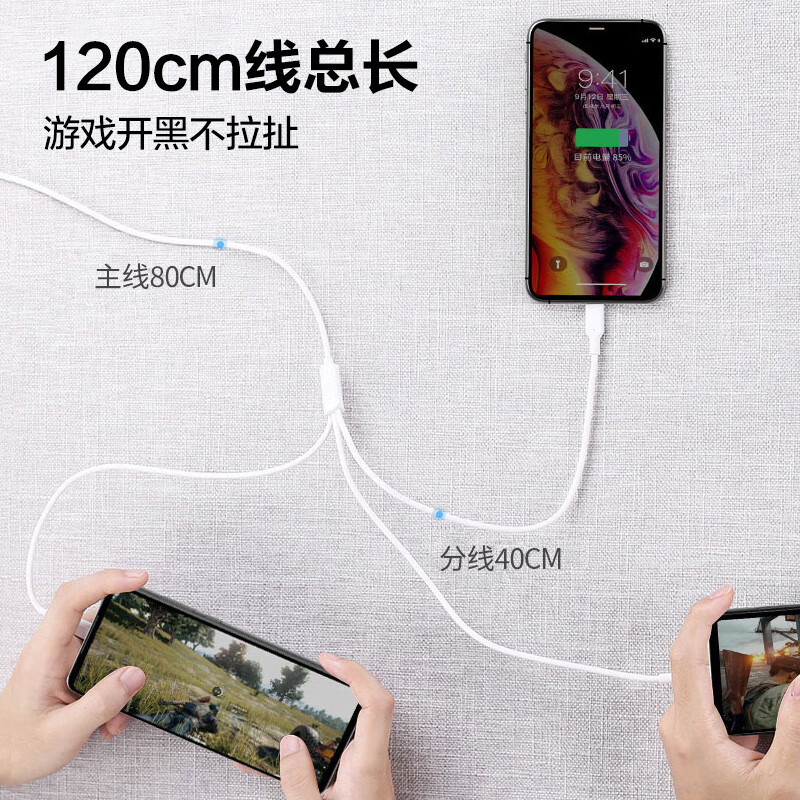 品胜 三合一快充数据线1.2米 苹果Type-c安卓手机车载一拖三头充电线USB-C白色 AP07-1200高清大图