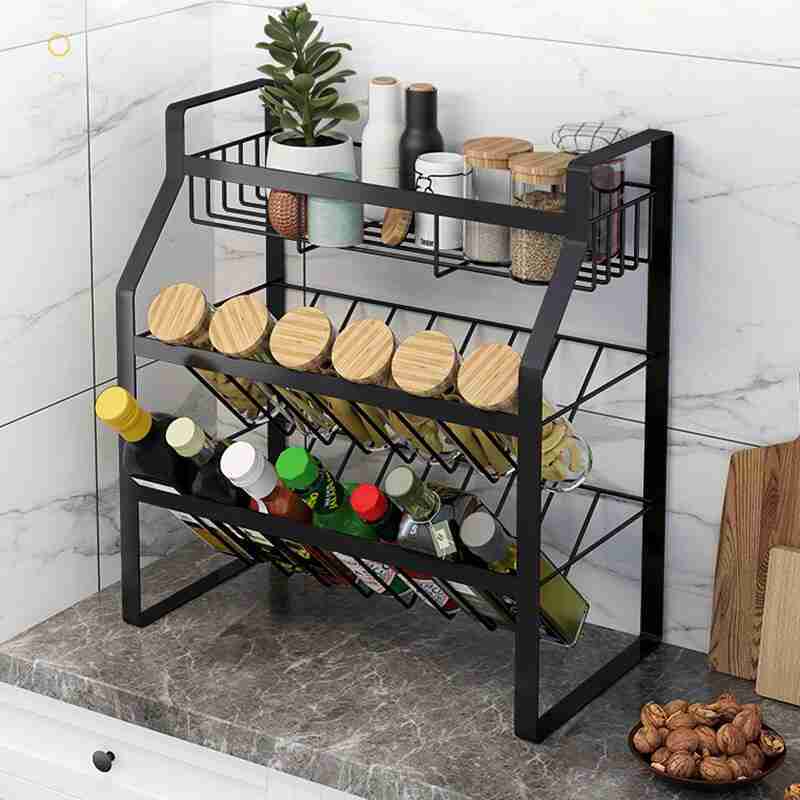 黑色三层调味架斜底木丁丁调料架厨房置物架收纳架家用储物架厨房落地