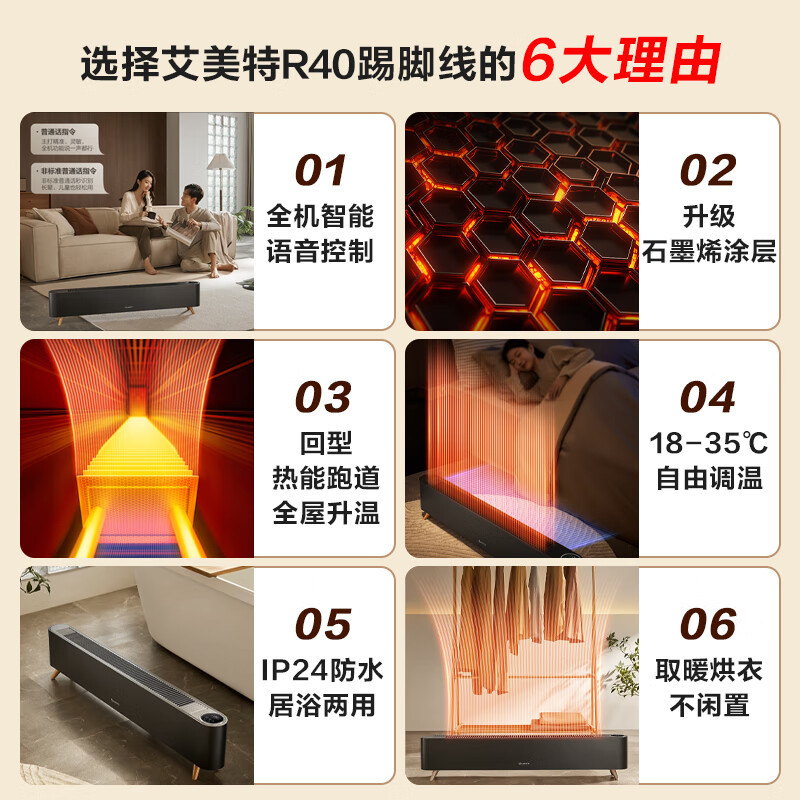 艾美特[语音智能]石墨烯踢脚线/取暖器/电暖器/电暖气片/暖风机 家用防水节能温控移动地暖 [WIFI互联]智能加湿踢