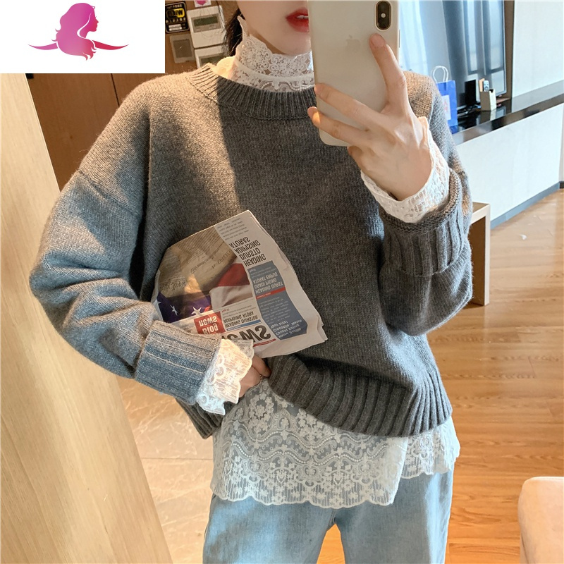 艳如飞韩国微透蕾丝打底衫女毛衣内搭长袖衬衫洋气性感百搭网纱上衣春秋蕾丝衫