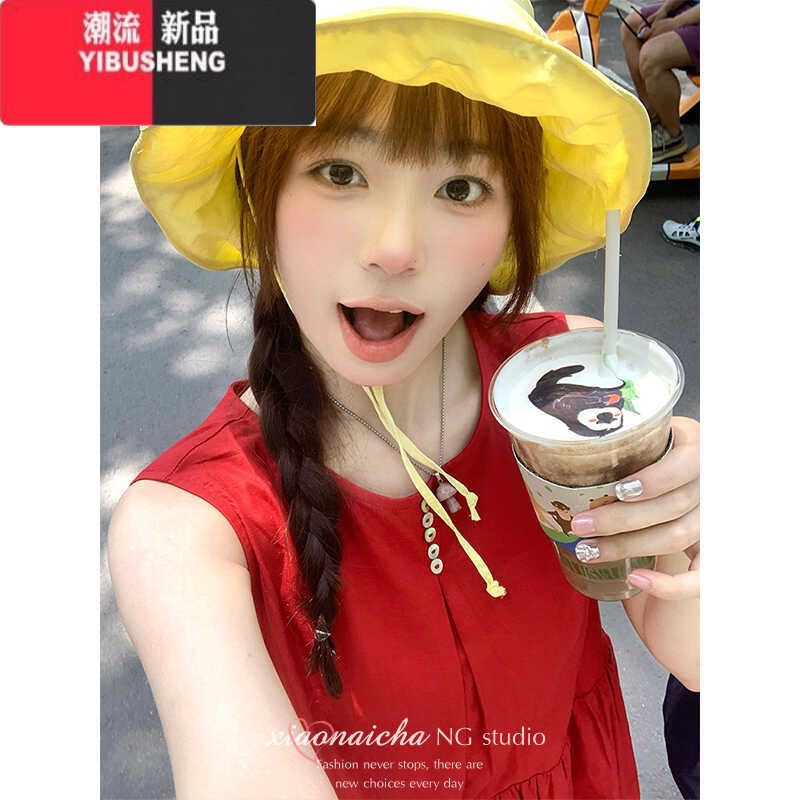 YIBUSHENG法式复古红色无袖系带背心连衣裙女季新款小个子收腰显瘦中长法高清大图