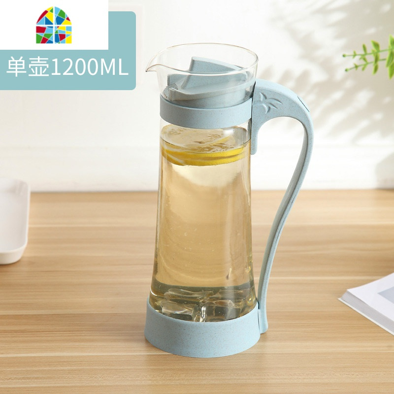 家用冷水壶玻璃耐热高温晾凉白开水杯扎壶防爆大容量透明水瓶套装 FENGHOU 北欧蓝-玻璃杯5件凉水壶