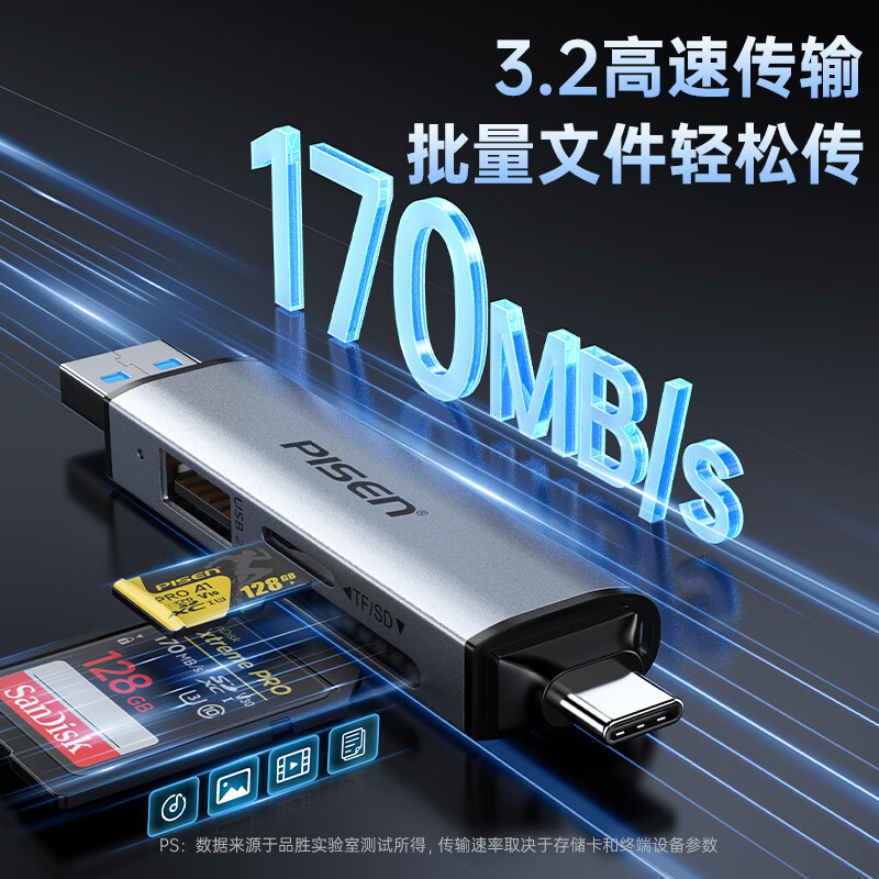 品胜(PISEN)USB3.2读卡器SD/TF/U盘三合一读卡器带USB拓展适用硬盘电脑苹果手机相机监控存储内存卡