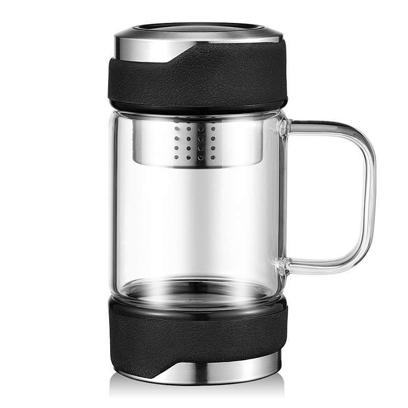 办公玻璃泡茶杯带U型盖带手柄杯子茶水分离泡茶水杯子
