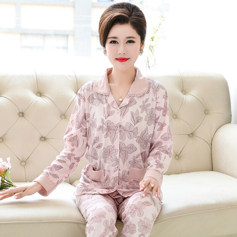 睡衣女士春秋季纯棉长袖家居服秋季全棉中年妈妈中老年人婆婆套装