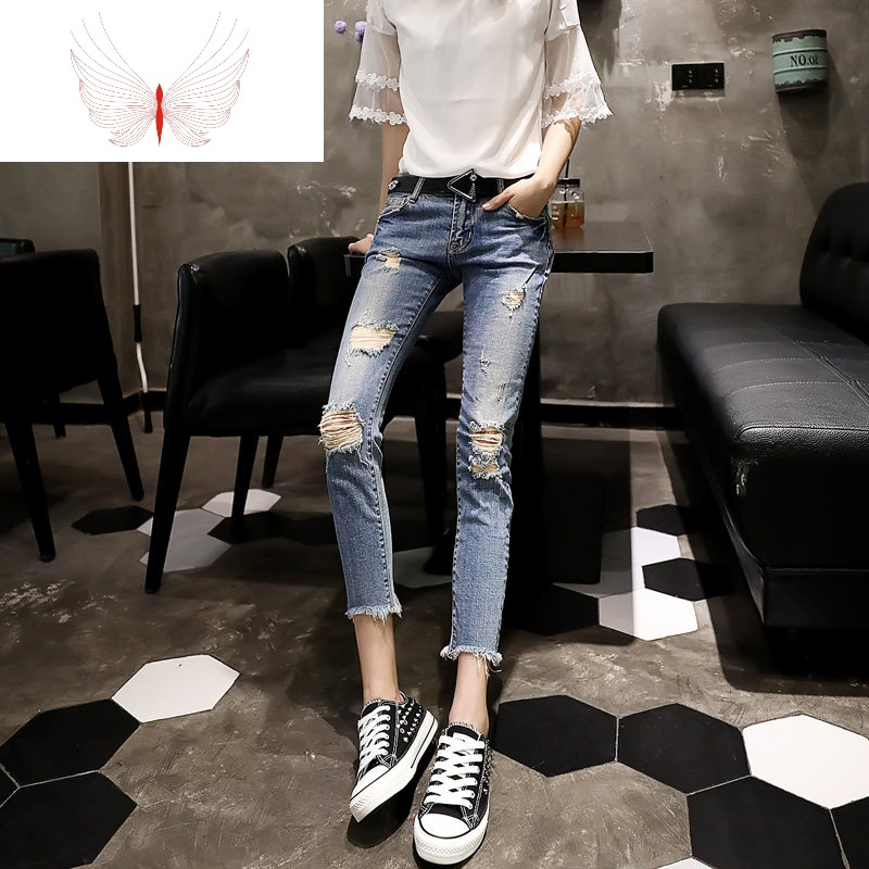 泫雅破洞牛仔裤女九分小脚乞丐裤子紧身修身显瘦春秋潮ins夏新款