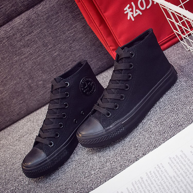 bomina高帮黑色帆布鞋黑色男休闲布鞋女韩版潮鞋学生板鞋高邦男