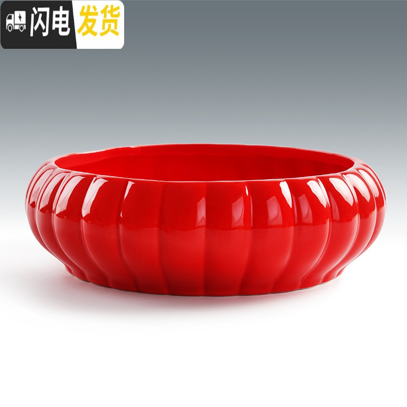 三维工匠无孔水仙花盆载铜钱大盆碗莲水培植物花盆陶瓷多肉简约创意红色 红福莲花 小花盆容器高清大图