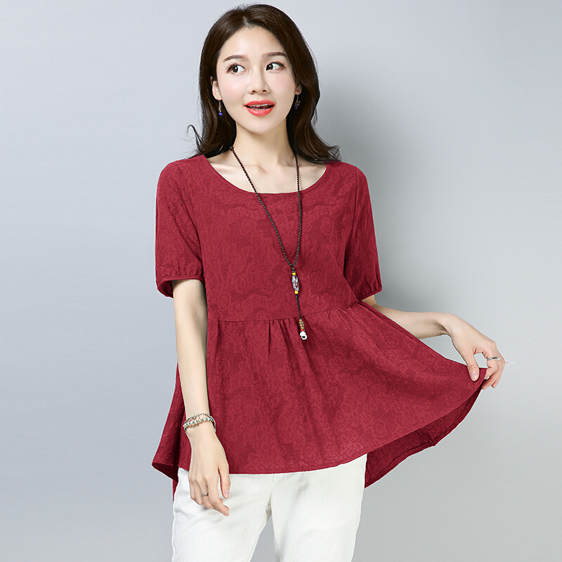 棉麻t恤女夏短袖简约宽松遮肚子显瘦大码提花纯色娃娃衫亚麻上衣