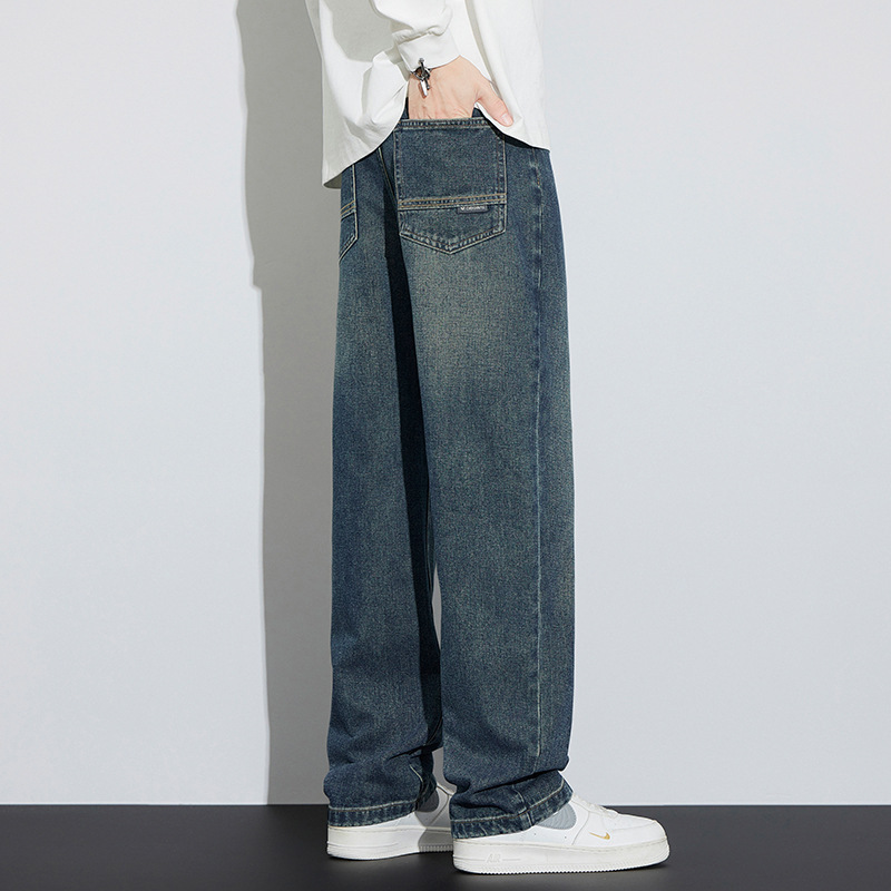 美式高街痞帅牛仔裤男秋冬季潮牌怀旧复古宽松休闲水洗阔腿裤高清大图