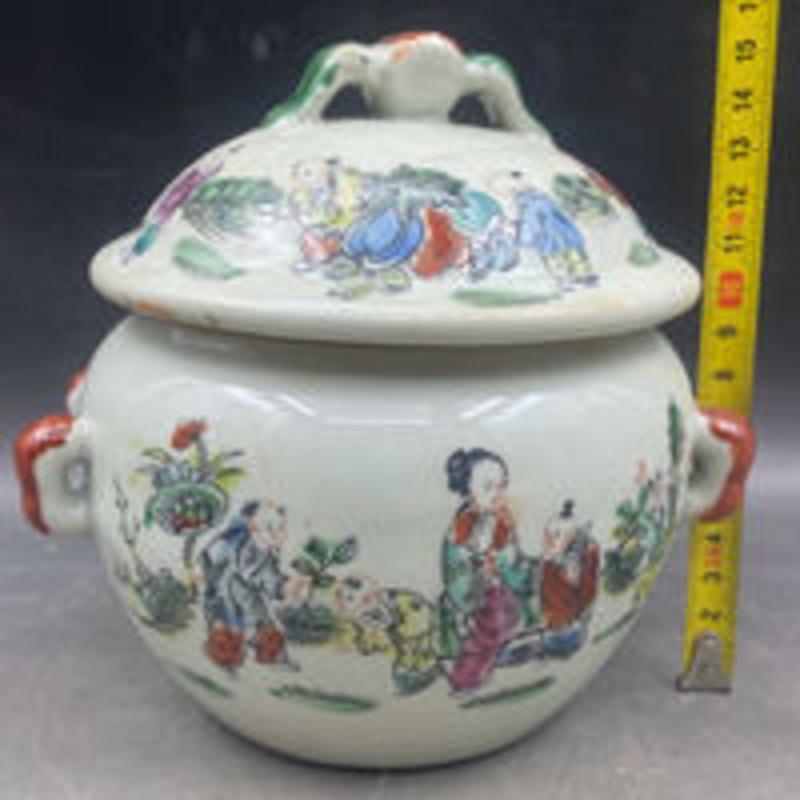 清 同治 粉彩茶罐 中国 古美術 大清同治年制茶叶罐粉彩人物故事图瓷罐仿古瓷器摆件大号铜环盖罐古董