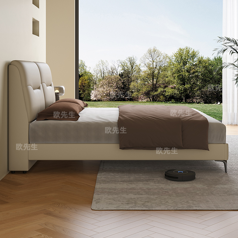 头层牛皮床主卧次卧双人大床实木真皮极简婚床高清大图