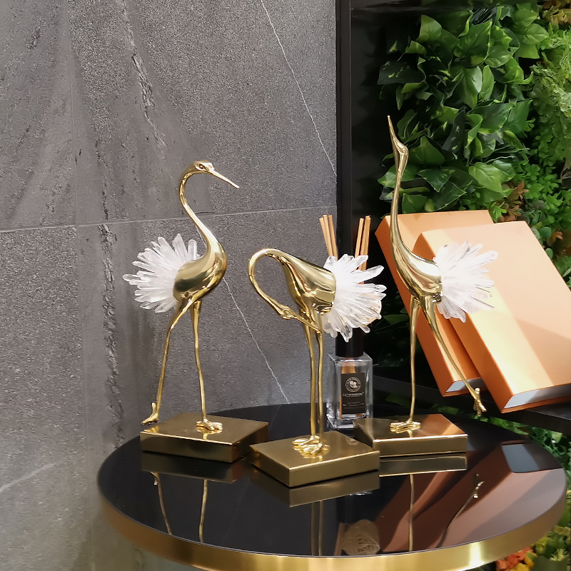 轻奢摆件现代水晶仙鹤新中式家居装饰品客厅玄关电视柜样板房摆设 嵌白水晶+大理石仙鹤L16W9H34