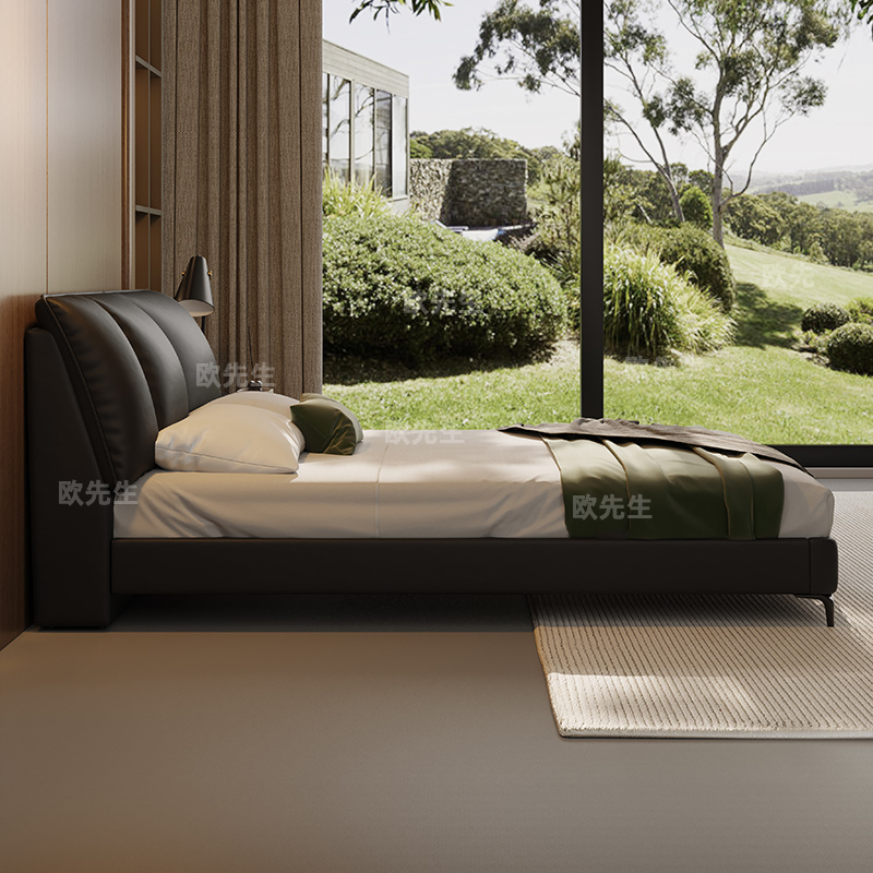 比翼床双靠包头层牛皮床主卧次卧双人大床实木真皮极简婚床高清大图