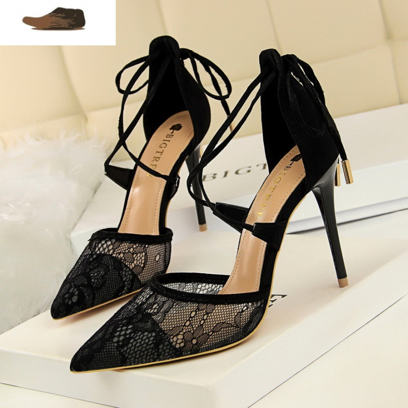 ideamini包头交叉绑带中空高跟凉鞋细跟高跟鞋浅口尖头网状蕾丝镂空单