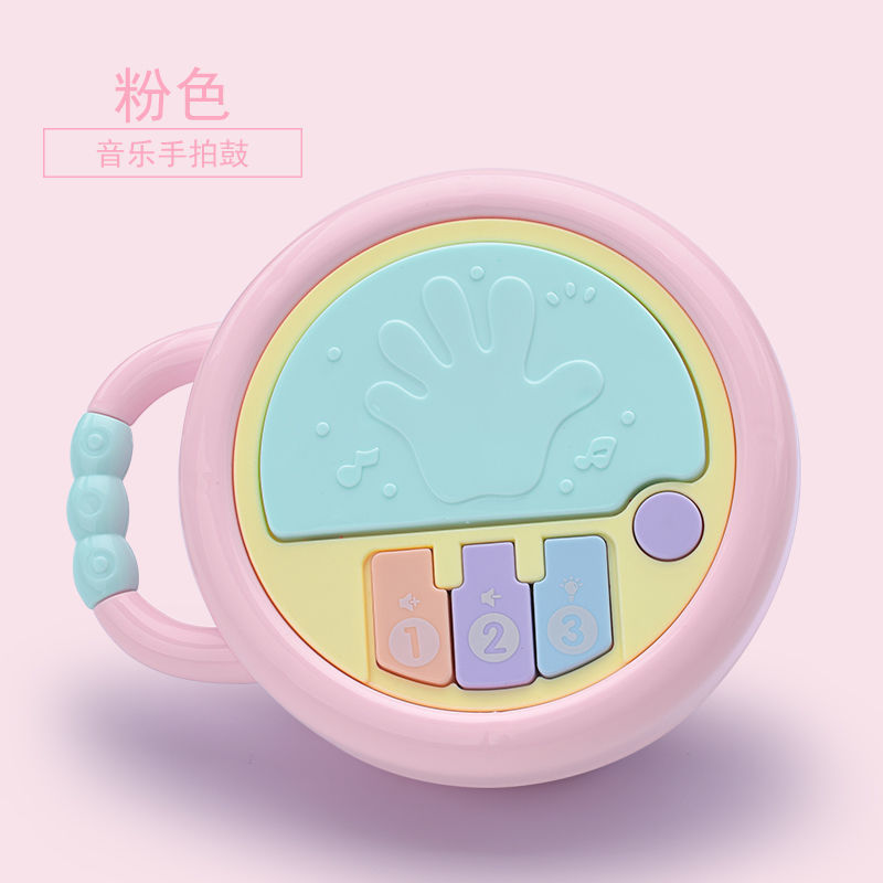 六一儿童节婴幼儿玩具益智早教6-8个月12宝宝0-1岁投影音乐手摇铃 音乐手拍鼓[粉色] 配普通电池