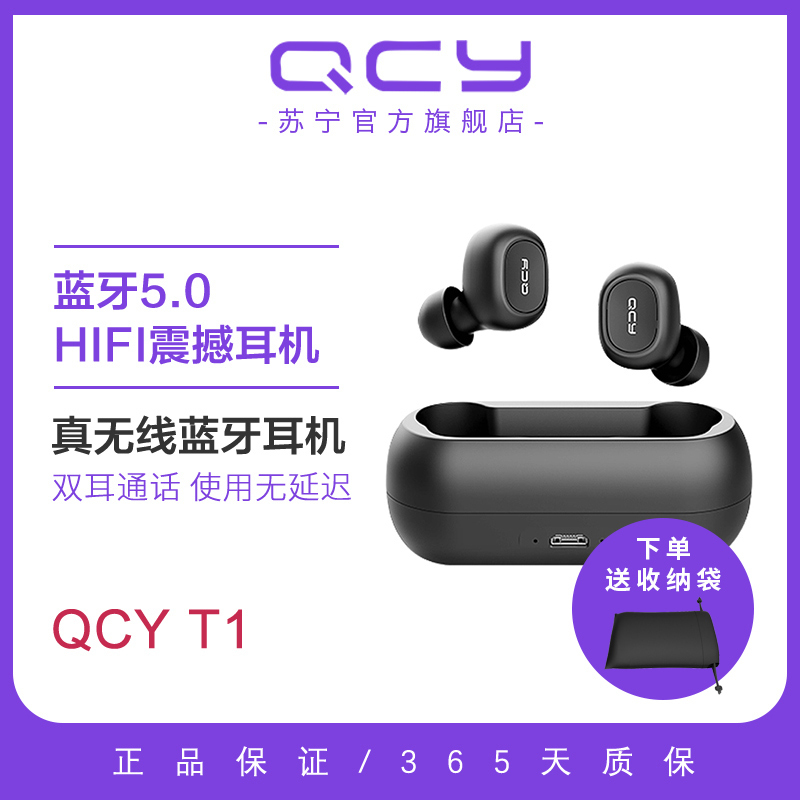 QCY T1真无线蓝牙耳机入耳式蓝牙5.0双耳入耳塞头戴式迷你小型运动跑步健身男女开车苹果安卓华为小米通用 黑色
