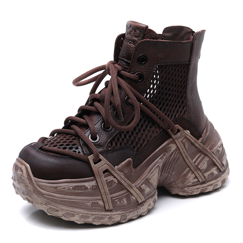 头层牛皮复古凉靴女2025夏季新款透气镂空网面凉鞋厚底休闲短靴