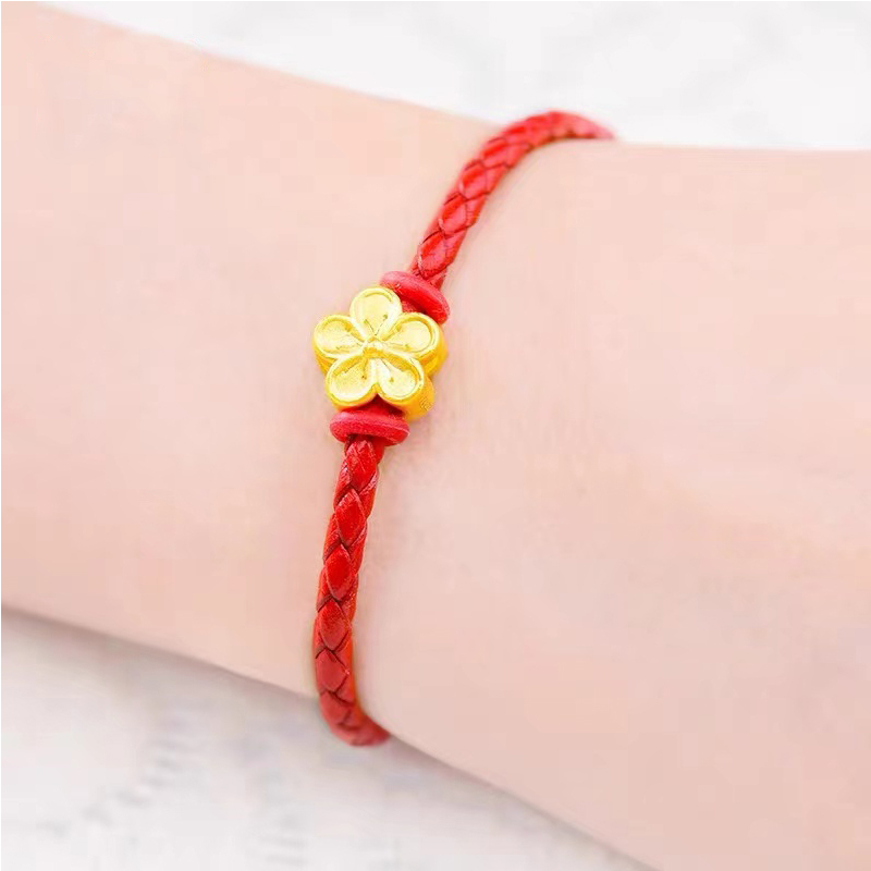 盛爵黄金999足金小桃花吊坠黄金手链本命年编织红绳3d硬金莲花红绳