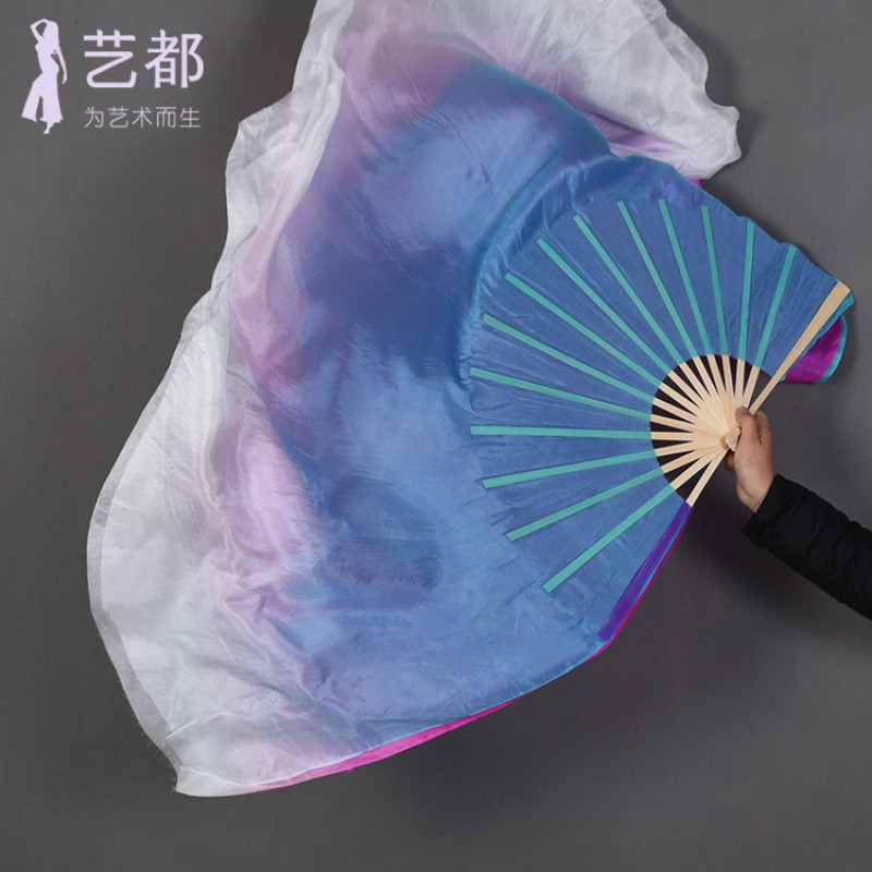胶州秧歌双面双色风筝扇一面玫红一面湖蓝跳舞扇子风酥雨忆扇 三维工匠 [玫+蓝]倒染扇骨36cm甩头30cm高清大图