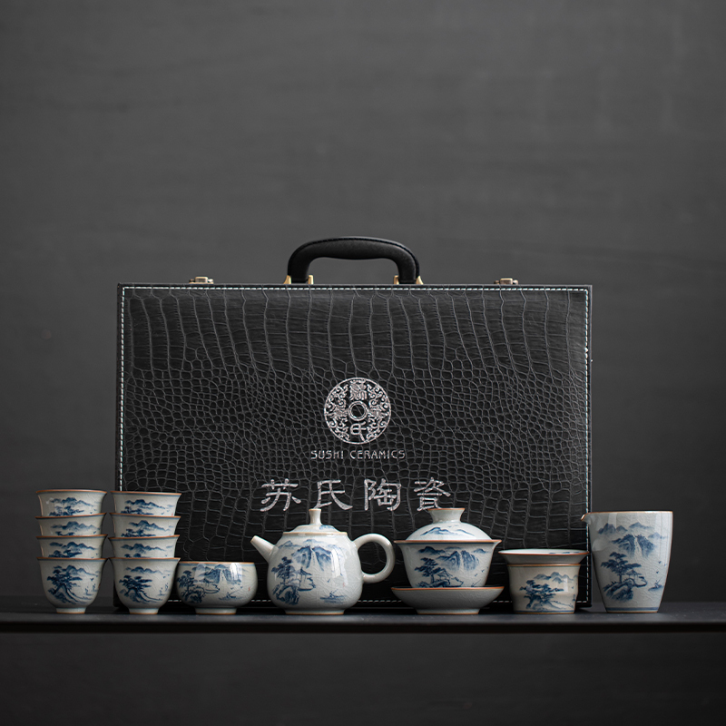 苏氏陶瓷(SUSHI CERAMICS)汝窑开片手绘山水泛舟三才盖碗茶壶礼盒茶具组