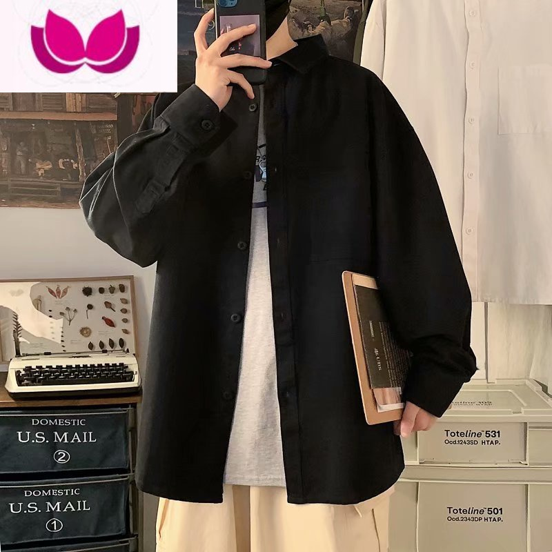 七斓纯色港风衬衫男工装薄款日系复古简约休闲潮流宽松长袖上衬衣