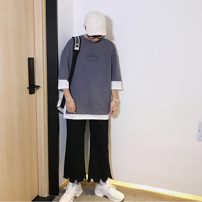 2018夏款男士短袖T恤圆领宽松韩版七分袖假两件日系半袖衣服气质