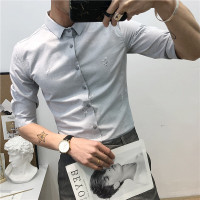夏季韩版修身印花中袖衬衣男chic韩风白衬衫理师五分袖衬衫男