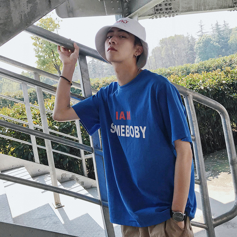 夏装短袖T恤男2018韩版潮流圆领宽松青少年学生简约五分袖半袖帅