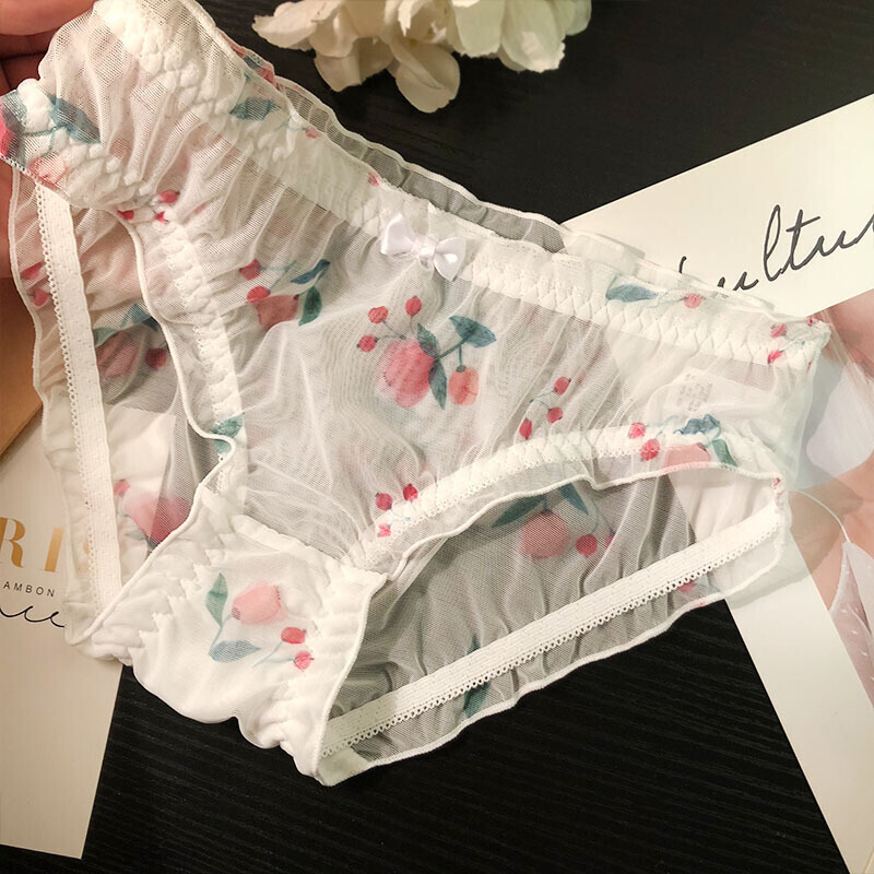 波迷娜(BOMINA)雷丝内裤女全透明日系少女莓图案女士内裤性感网纱蕾丝透明中低腰女学生底裤