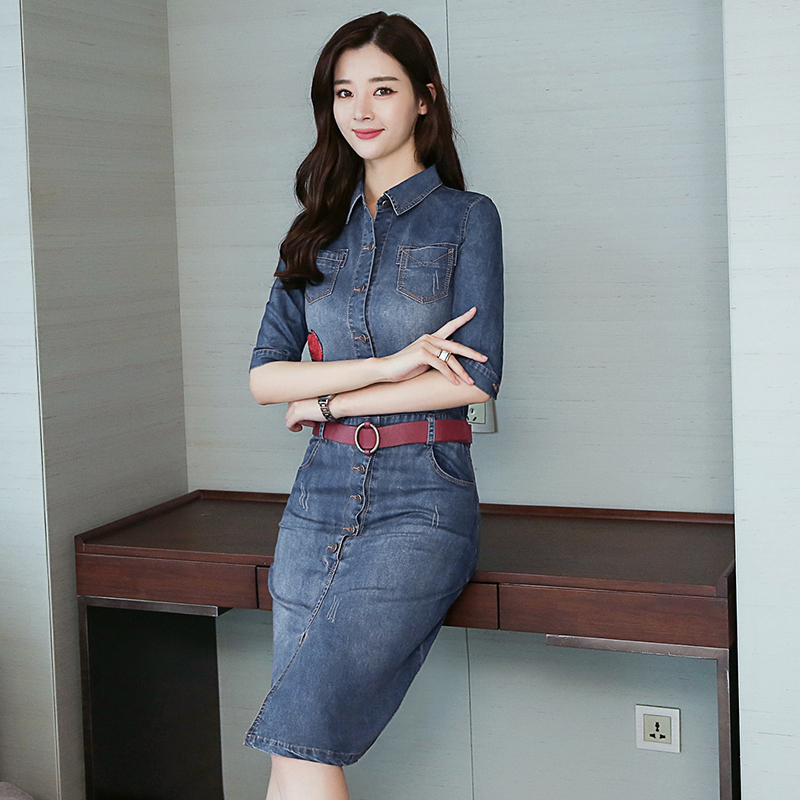 春秋季中长新款女气质OL修身包臀显瘦一步裙五分中袖牛仔连衣裙子