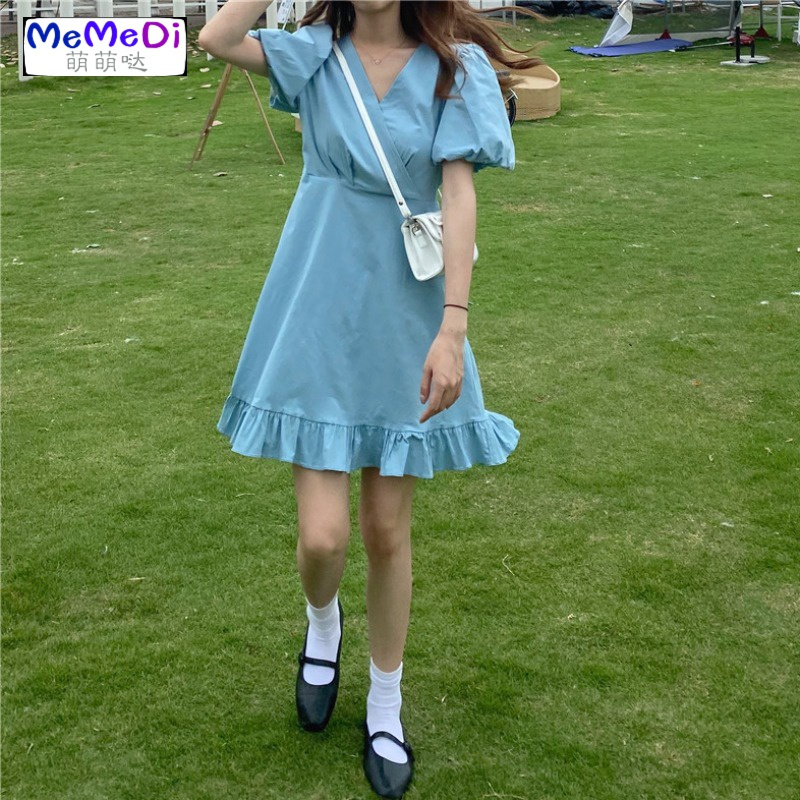2020夏季新款桔梗初恋裙子收到显瘦V领小个子泡泡袖荷叶边连裙