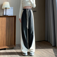 唐狮阔腿运动裤女2023秋冬新款黑白撞色拼接宽松厚实休闲长裤_687646 S 黑色