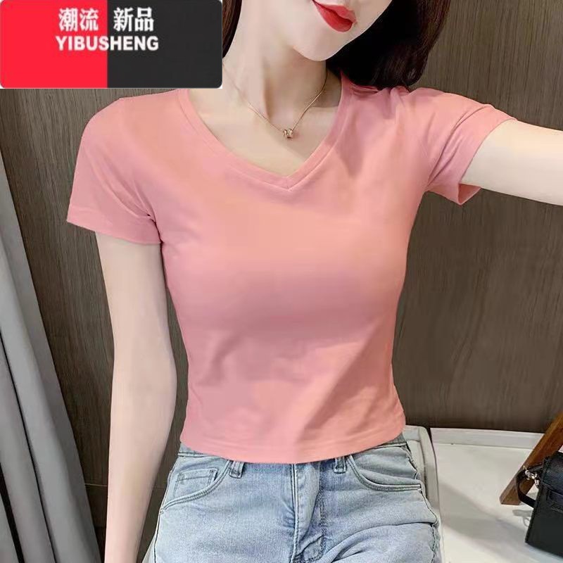 YIBUSHENGv领白色短袖t恤女2024新款chic甜辣小个子高腰短款紧身上衣 单件粉色 3XL135-150斤