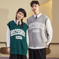 唐狮0春季新款情侣针织红色V领毛衣本命年背心马甲新年衣服潮 S 学院绿（男女同码）