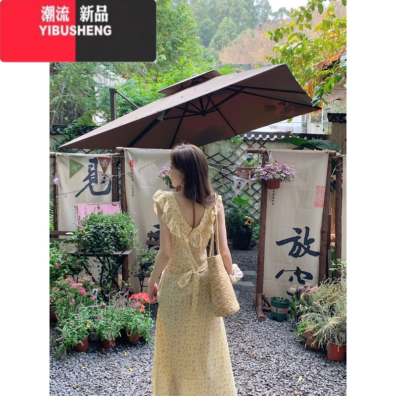 YIBUSHENG法式复古碎花裙连衣裙女季气质修身荷叶边包臀裙长裙子
