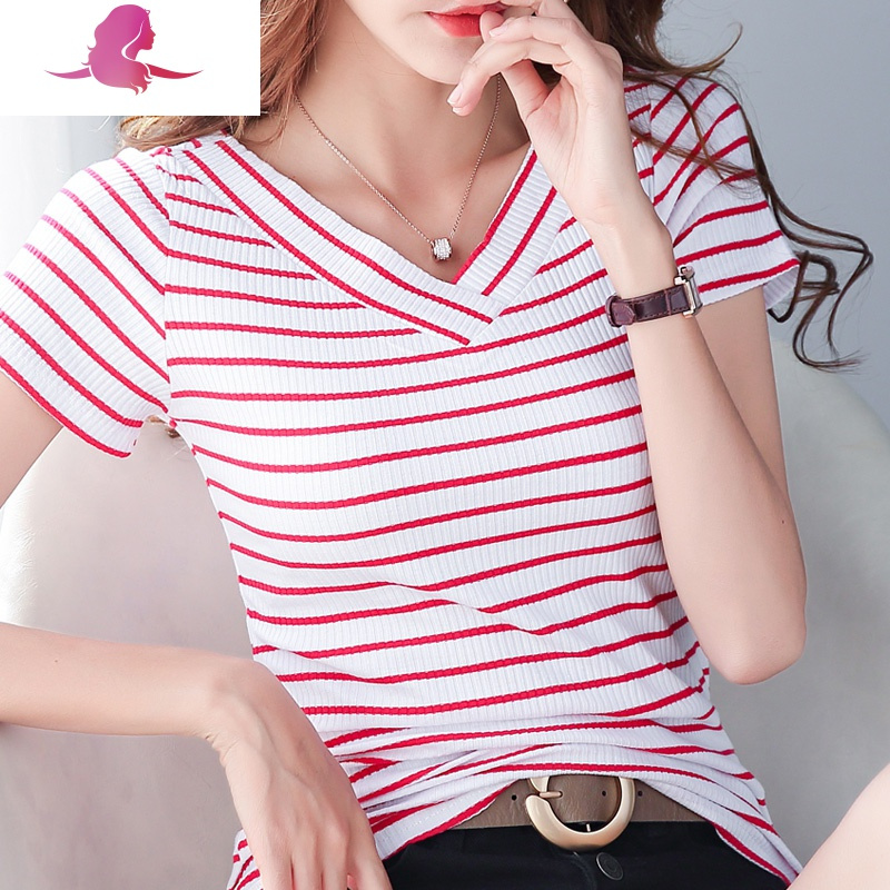 艳如飞新款韩版修身条纹时尚v领加大码短袖弹力柔软百搭上衣棉t恤衫