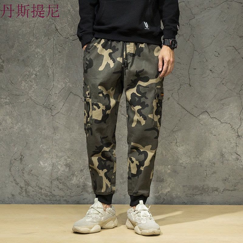 多口袋迷彩工装裤男潮宽松大码日系休闲裤收口束脚小脚哈伦长裤子图片