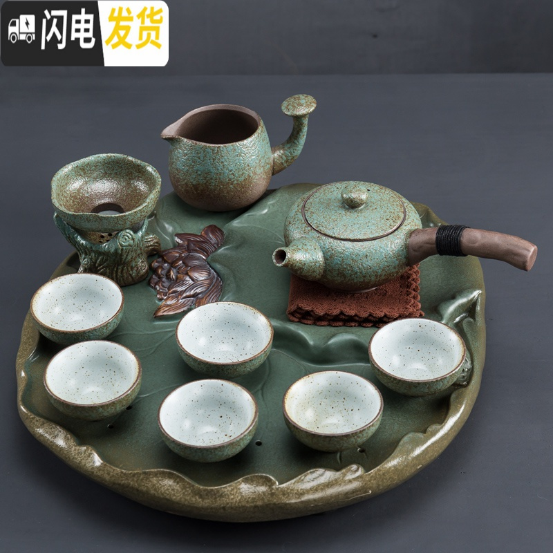 三维工匠日式功夫茶具套装整套茶盘家用简约陶瓷茶杯茶壶粗陶现公客厅 春色枯木壶线条杯茶洗六君子茶叶罐+陶瓷茶盘