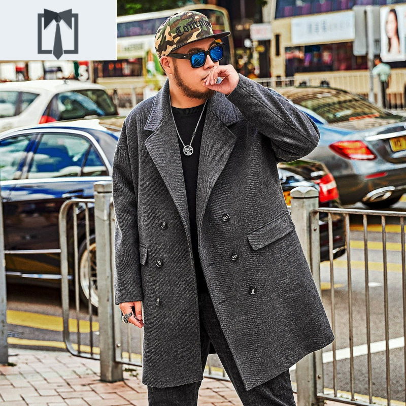 newlakenmax大码男装胖子冬季宽松加厚外套加肥加大中长款毛呢大衣毛