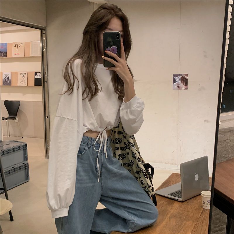 春季韩版宽松高腰短款长袖白色上衣女t恤学生潮ins露脐秋衣外穿潮