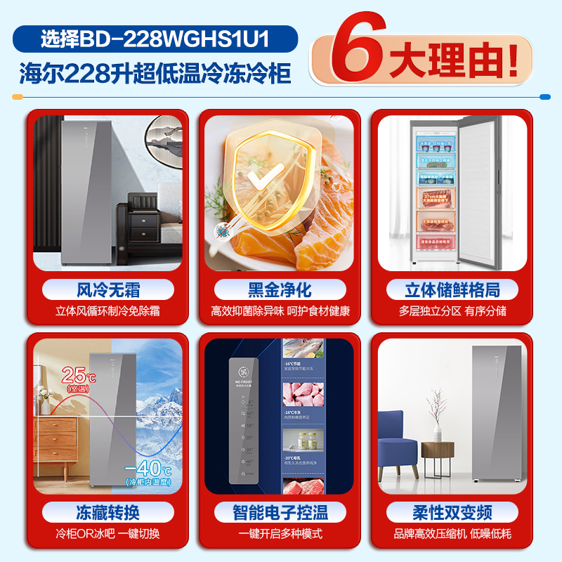 海尔立式冰柜家用风冷无霜全温区冷藏速冻转换冷冻柜冰箱数显-40深冷变BD-228WGHS1U1