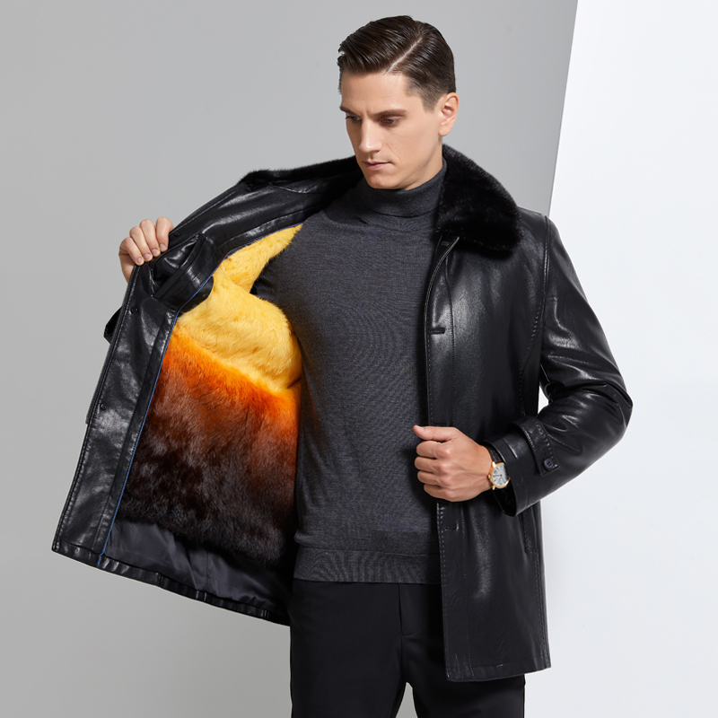 [送礼皮草可拆卸内胆]高端皮草春秋外套海宁真皮派克服男装春秋装中老年防寒男中长款狐狸大毛领貂绒内胆中年爸爸装尼克服大衣男高清大图